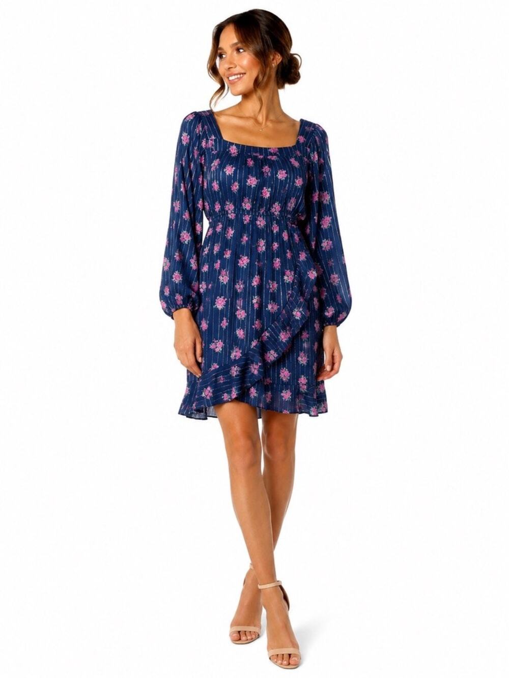 Trixxi Girl XL Navy Floral Dress Pink Roses Gold Stripe Long Sleeve Ruffle